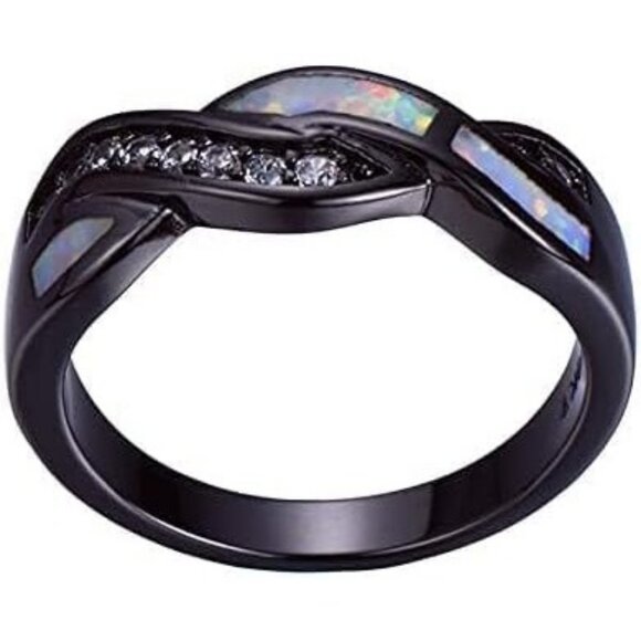 White Ethiopian Fire Opal eternity band wedding ring set with CZ set in Rhodium - Picture 5 of 6